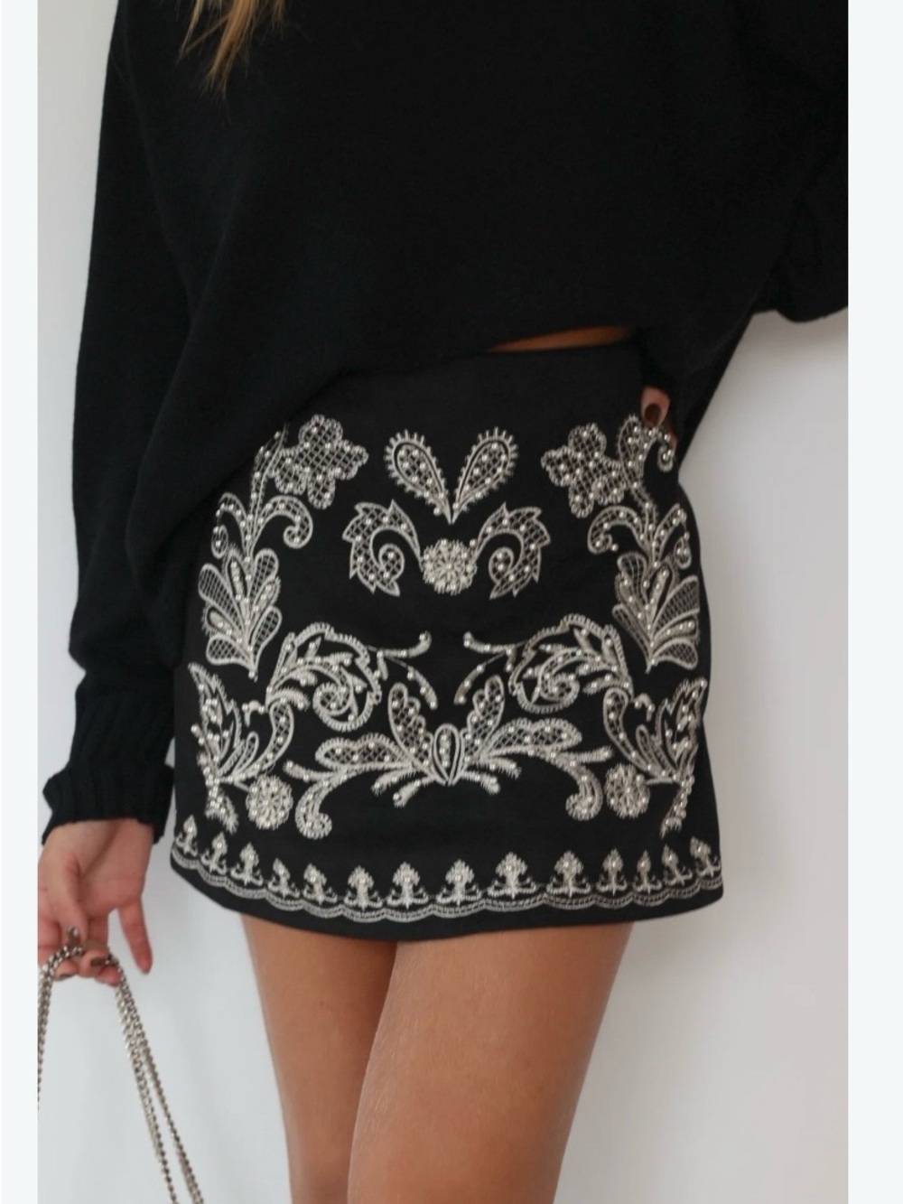 Embellished Black Women’s Skort with Silver Beadwork